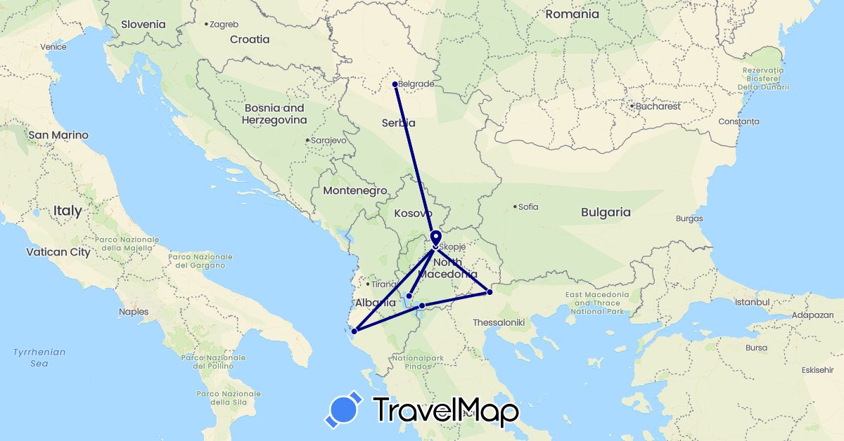 TravelMap itinerary: driving in Albania, Macedonia, Serbia (Europe)